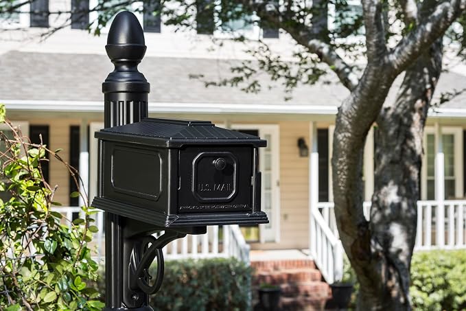 Architectural Mailboxes Stratford Plastic Mailbox and Post Kit, SC000BAM, Black, Medium Capacity | Includes the matching post and all hardware. Durable plastic build with weather-resistant outdoor construction. USPS approved