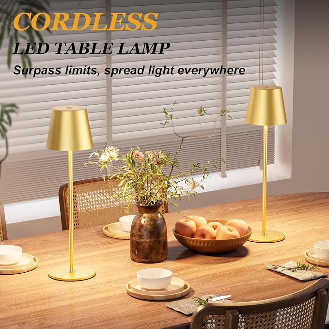 Kakanuo 20" Cordless Table Lamp Rechargeable Gold - 2 Pack 5000mAH Battery Operated Lamp for Counter, 3 Color Stepless Dimming Wireless Lamp for Dining Kitchen, Outdoor Patio, Touch Control