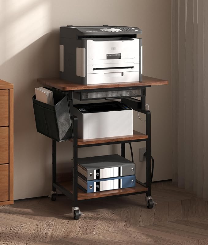 Printer Stand, 3-Tier Rolling Printer Cart with Storage Shelf, Drawers | With Power Outlet, Usb-C, Filing Pockets, Table Desk Organizer For Office Home, Printer, Scanner, Fax, microwave ovens