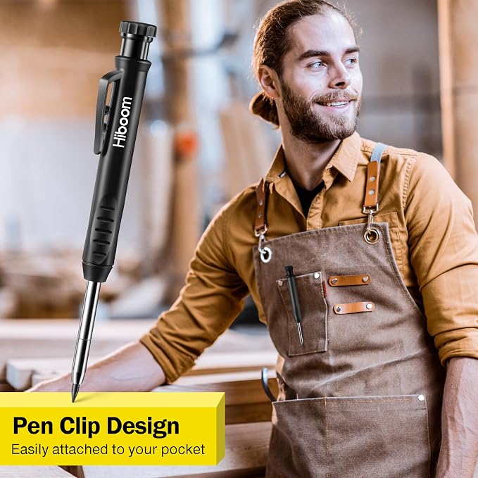 Hiboom Mechanical Carpenter Pencil with 7 Leads, Deep Hole Marker, Black | Built-In Sharpener, Long Nose Construction Pencil, Pocket Clip Design, Woodworking Tools, Marks on Various Surfaces