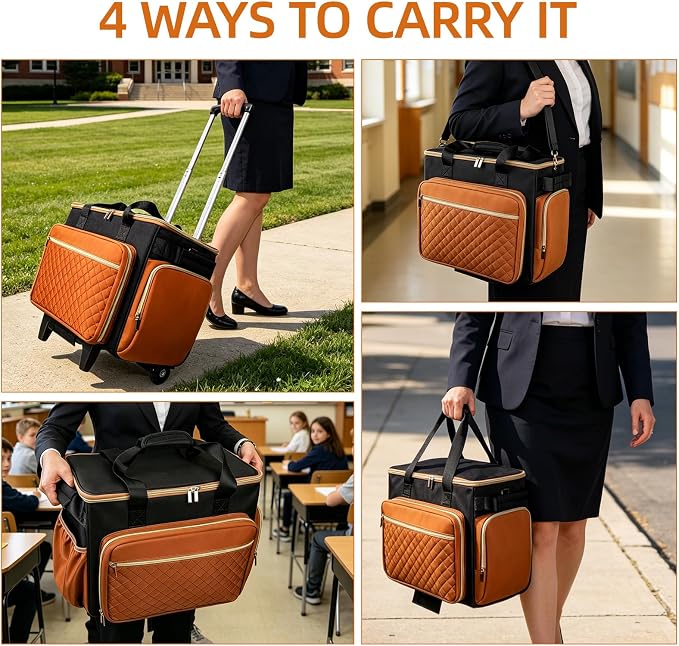 Rolling Teacher Bag, Fits 15.6" Laptop, With Cart, Brown | 4 Ways To Carry, 40L Large Cap, 1680 Oxford Puncture Resistant, Reinforced Design, Not Easy Collapse