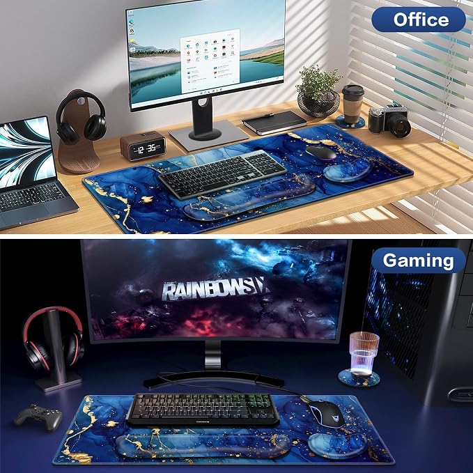 Desk Mat Blue, Large Gaming Mouse Pad with Wrist Rest, 4in1 XXL | Mousepad+Keyboard Wrist Rest+Mouse Pad Wrist Support+Cup Coaster Set Ergonomic Computer Desk Arm Wrist for Decor Office Women