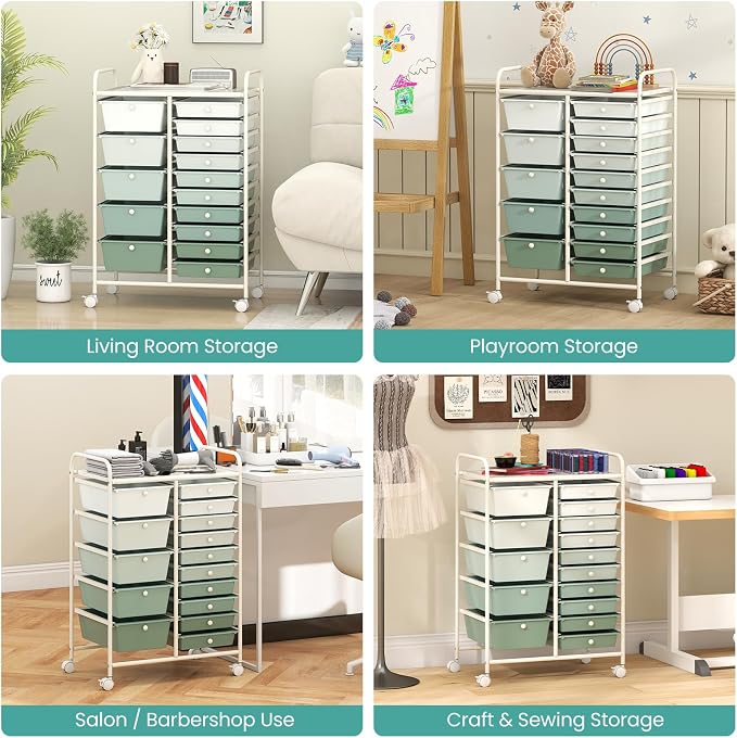 15 Drawer Rolling Storage Cart, Rolling Cart with Drawers for Classroom, Art Supply Craft Organizer on Wheel with Metal Frame & Handles for Home Office School (Gradient Green, 15 Drawer)