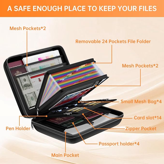 ENGPOW Fireproof Document Box with Lock & 25-Pocket Accordion File Folder | Fire&Water Resistant,Hard Case File Organizer with Handle,Portable Home Office Safe Storage for Important Documents,Laptop
