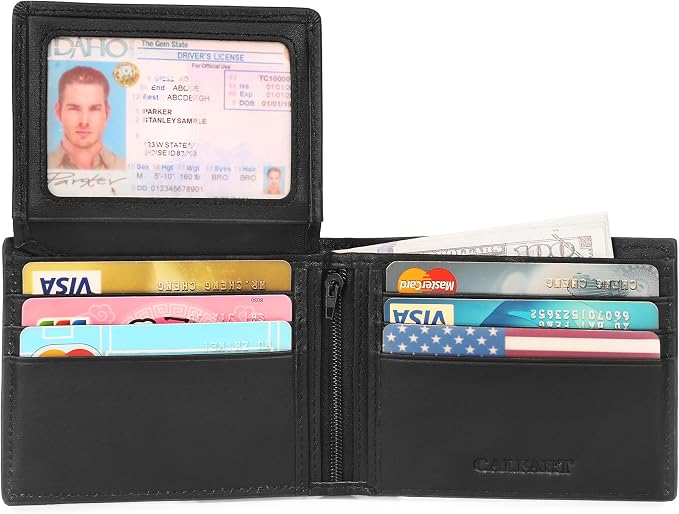 Slim RFID Blocking Leather Wallet for Men, Front Pocket Bifold Wallet with Zipper Coin Pocket and 2 ID Windows, Credit Card Holder