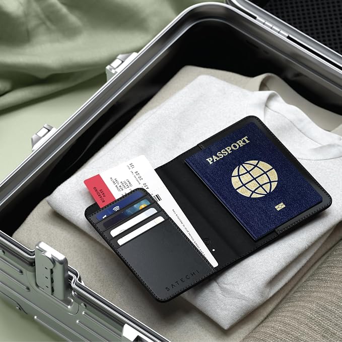 Satechi Passport Holder with Find My Tracking, 4-Slot Card Wallet, Black | 4-slot card wallet, wireless charging, RFID protection, vegan leather