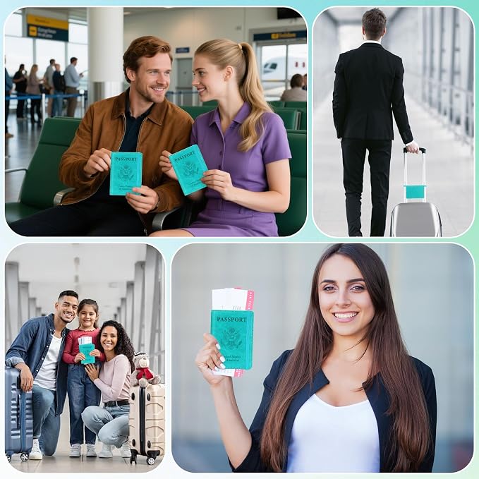 Passport Holder for Travel, RFID Blocking Passport Cover with Pen Holder Leather Passport Wallet Case Travel Must Haves Accessories Passport Book Card Holder for Family Travel Essentials, Turquoise