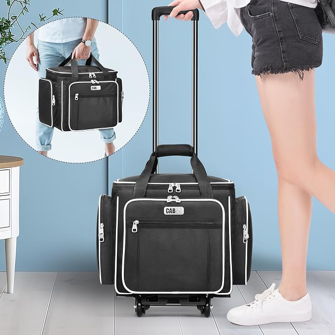 CAB55 Rolling Craft Bag, Tote Bag with Wheels for Women, Rolling Teacher Bag with Removable Folding Hand Truck (Black)