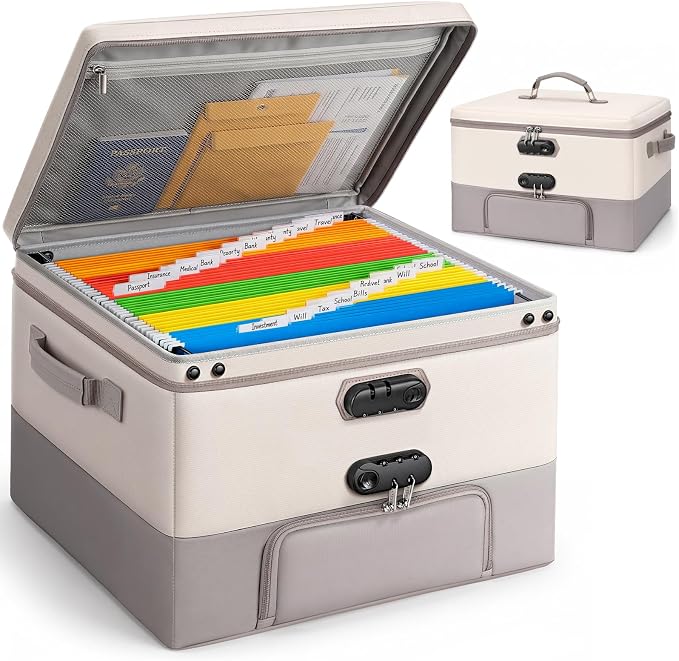 Fireproof Document Box with 2 Locks, 10 Hanging File Folders | Large-Capacity Family Filing System for Organizing Estate Planning, Emergency Preparedness and Home Office Important Document