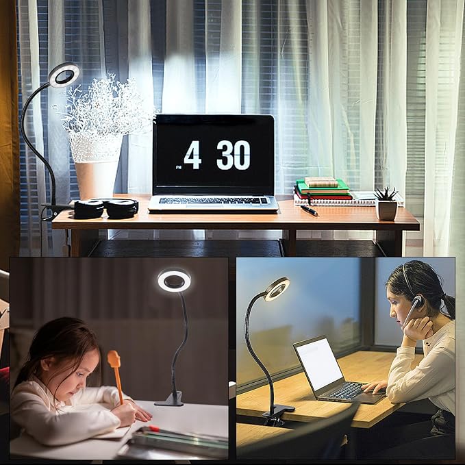Woputne Desk Lamps Clip on Reading Light for Bed Home Office Craft (Black) | With 5V 2A Adapter, 10 Dimmable Brightness 3 Modes, Flexible Neck Light Desk Lamps for Home Office Headboard