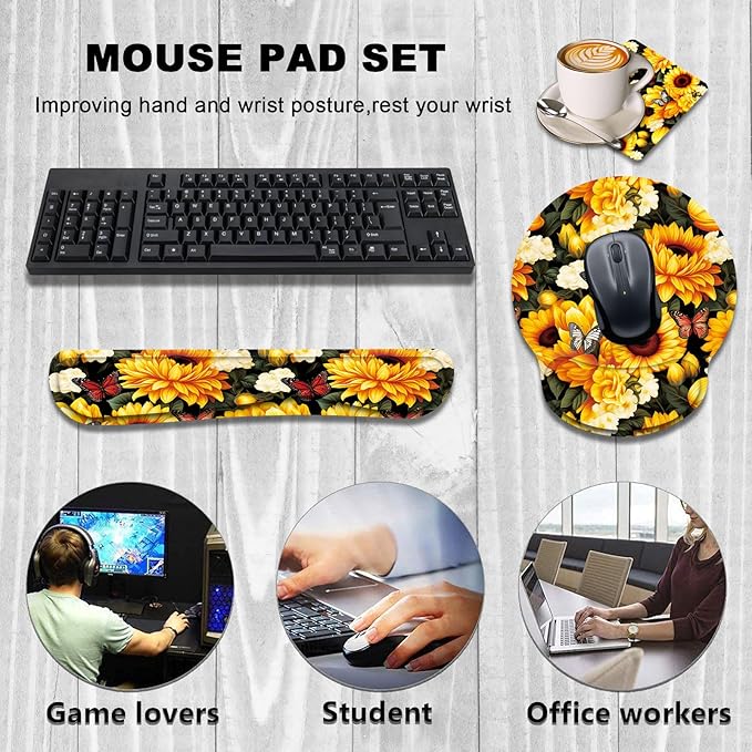 Keyboard Wrist Rest and Mouse Wrist Rest Pad with Cup Coaster,Made of Memory Foam,Ergonomic Support,Easy-Typing and Pain Relief,for Gaming Office Home Computer,Sunflowers and Butterfly