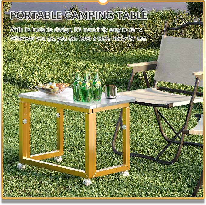 4NM No Tool Assembly 23.6" Small Desk, Folding Portable Desk with Wheels, Adjustable Height Foldable Computer Home Office Desks, Collapsible Study Writing Table for Space Saving Bedroom - White Gold