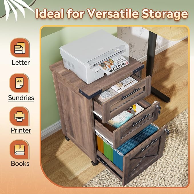 DEVAISE 3 Drawer Under Desk File Cabinet with Lock, Dark Brown | Farmhouse Style, Mobile Drawer Storage Cabinet, Rolling Printer Stand, Fits A4 or Letter-Size, Home Office