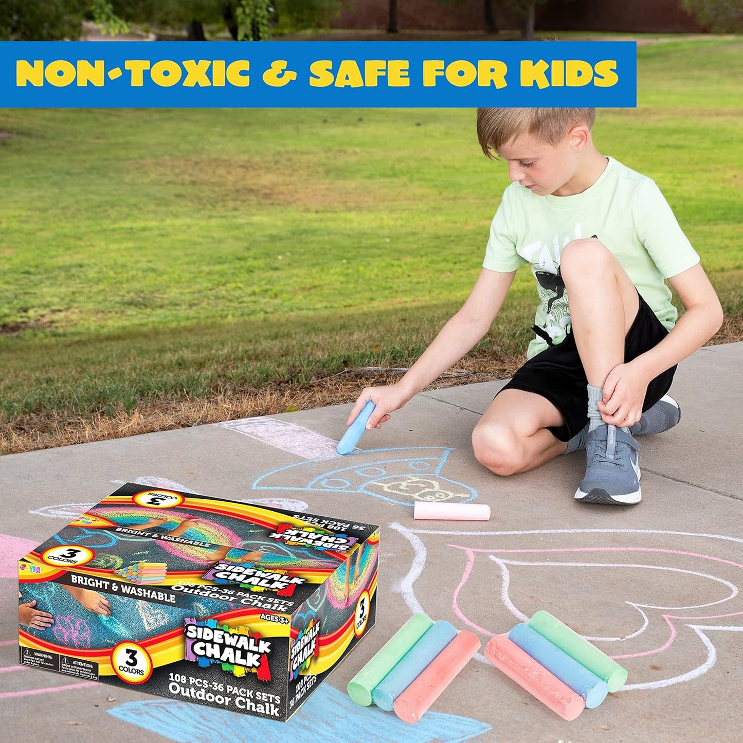 JOYIN 108 PCS Sidewalk Chalk Set in 36 Count, 3 Assorted Colors, Non-Toxic Jumbo Washable Driveway Chalk for Outdoor Art Play, Great Gift Toys for Kids, Classroom