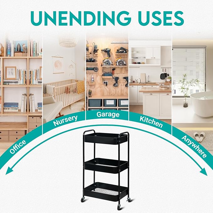 ZOES HOMEWARE 3 Tier Metal Rolling Cart on Wheels,Heavy Duty Utility Cart | Sturdy 3 Tiered Rolling Storage Cart With Hooks, Great For Craft, Art Workspace, Kitchen ,Snack And Office Storage, Black