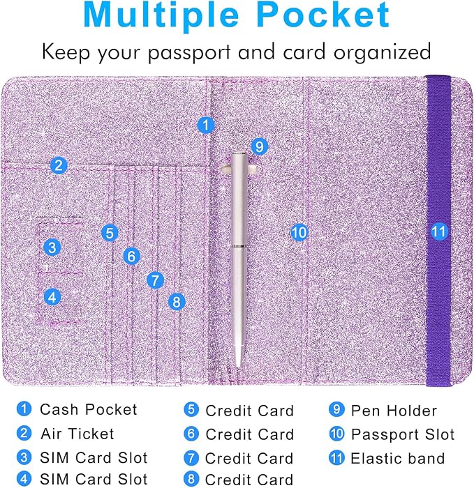 ACdream Passport Holder Cover, Leather Travel Wallet Case, RFID Blocking Document Organizer Protecrtor, with Slots for Credit Cards, Boarding Pass, for Women and Men, Glitter Purple