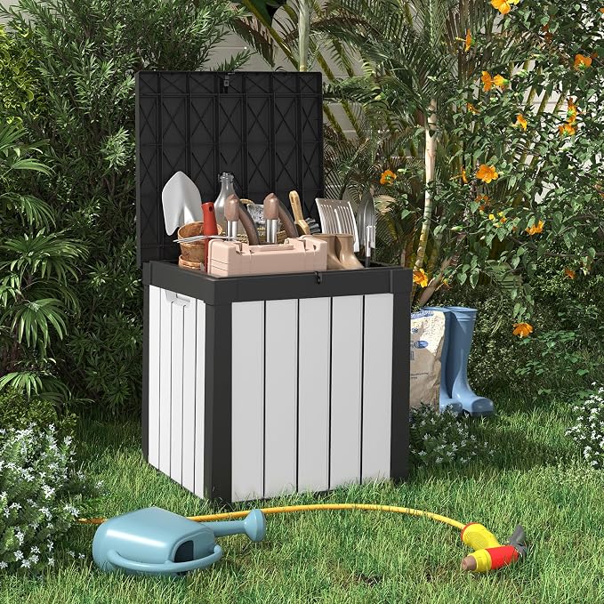 PatioZen 53 Gallon Package Delivery Boxes for Outside, Lokable Secure Resin Package Delivery Box with Lid, Weatherproof and Anti-Theft Storage for Outdoor Front Door,Curbside, House (Black&White)