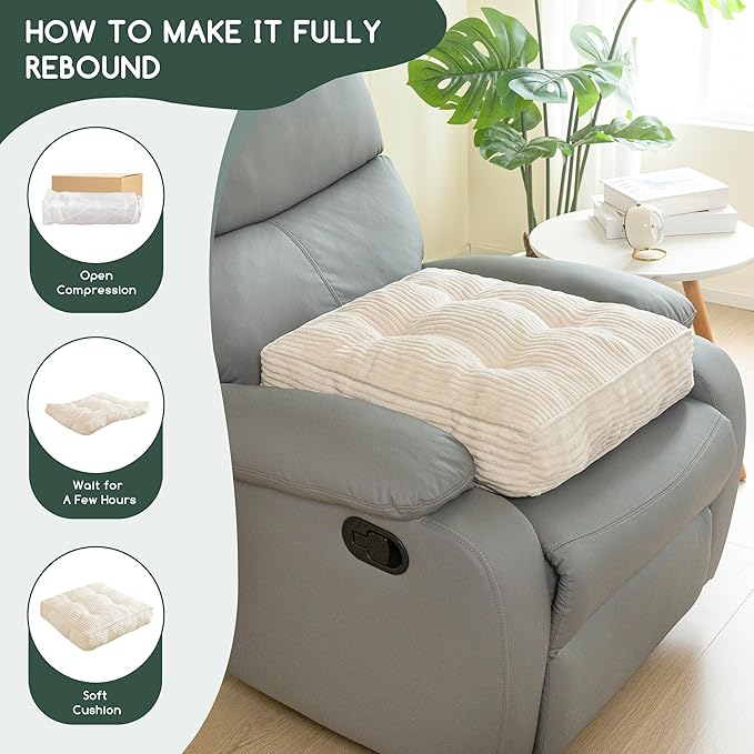 Tufted Corduroy Recliner Seat Cushion for Elderly, High Density Foam Large Square Seat Cushion for Recliner Chair, Floor Pillow, Office Chair, Car, No Pressure on Thighs, 20x20x4