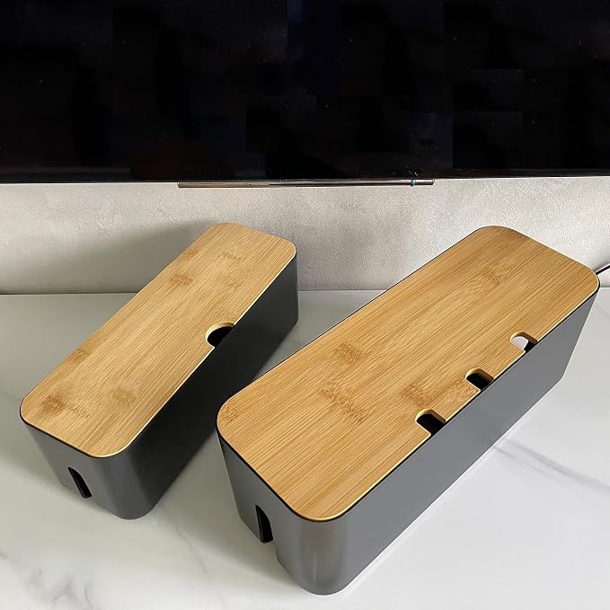 2 Pieces Cable Management Box|Cord Organizer Box| Hide and Conceal Power Strips and Electrical Cords from TVs, Computers, and Desks (Black 2PCS)