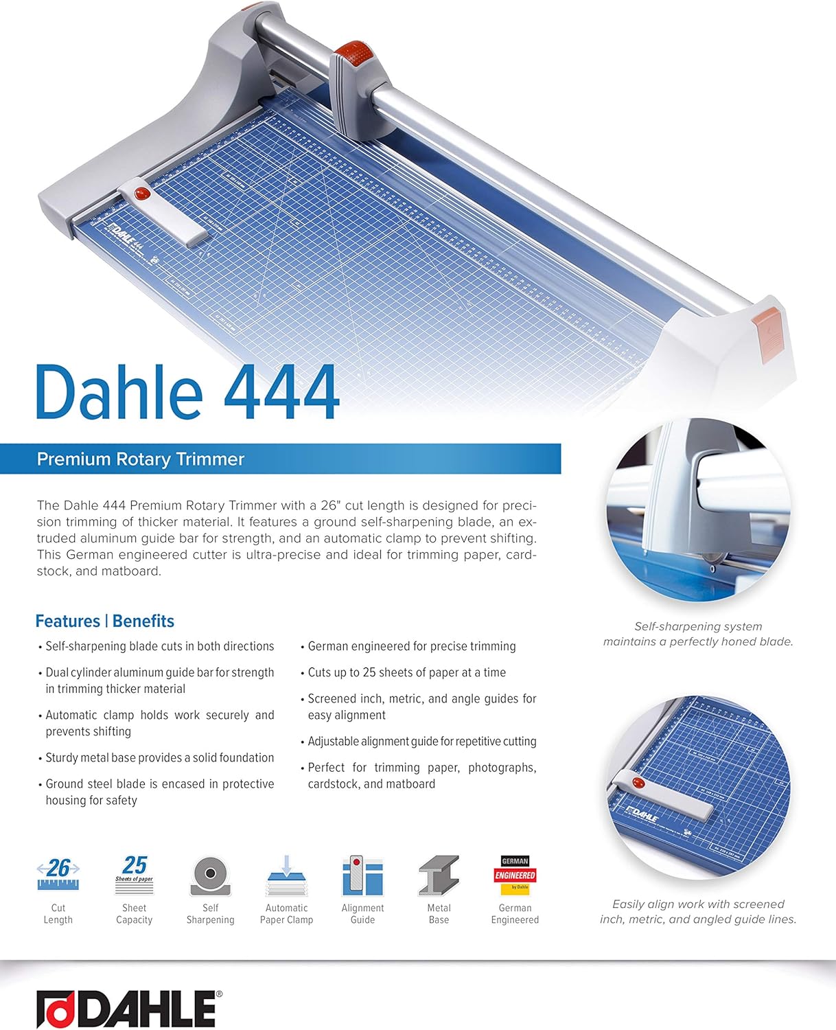 Dahle 444 Premium Rotary Trimmer, 26" Cut Length, 25 Sheet Capacity, Self-Sharpening, Automatic Clamp, German Engineered Paper Cutter