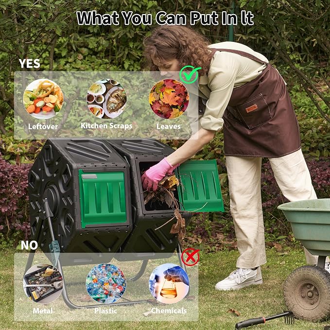 Compost Bin, 37-Gal Dual Chamber Composter Tumbler, Black Green | Steel Frame with 2 Sliding Door and Aeration System, 360° Rotating, Tumbling Composting Bin for Kitchen, Garden, Yard