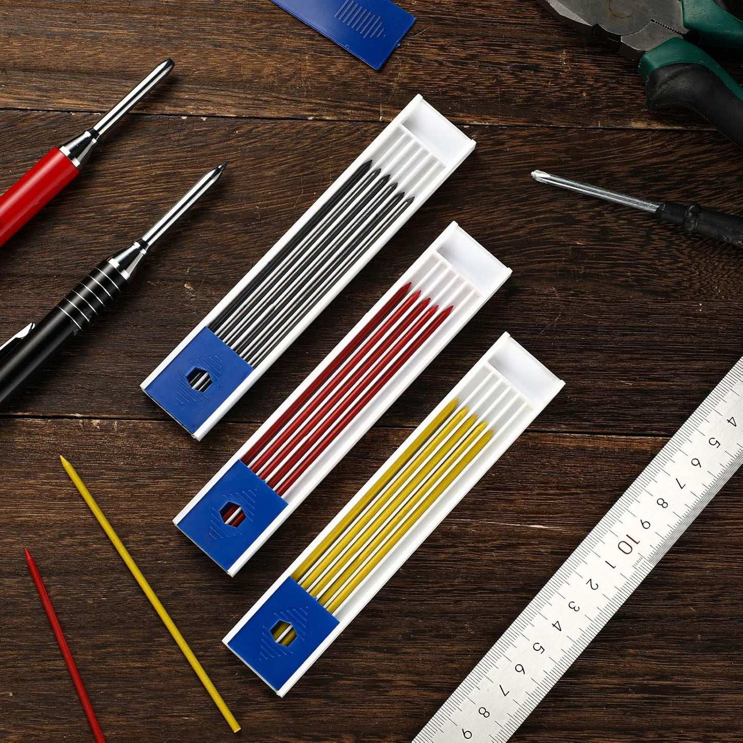 Spakon 60 Pcs 2.8mm Lead Refill Carpenter Construction Pencils Marker Lead Refills Dry Mechanical Woodworking Pencil Tools for Writing Drawing Drafting (Black,Red,Yellow)