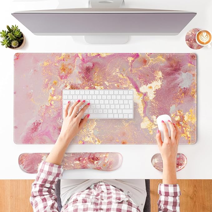 QIYI PU Leather Desk Mat Set, 4-in-1 Ergonomic Wrist Rest, Pink Marble | Waterproof Large Mouse Pad 31.5×15.7 + Keyboard Wrist Rest + Mouse Wrist Support+Coaster, Non-Slip Office Gaming Accessories