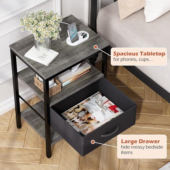 SUPERJARE Nightstand Set of 2 with Charging Station, USB-C Port, End Tables | Night Stand for Bedroom, with Adjustable Fabric Drawer, 3-Tier Storage Bedside Tables for Living Room, Charcoal Gray