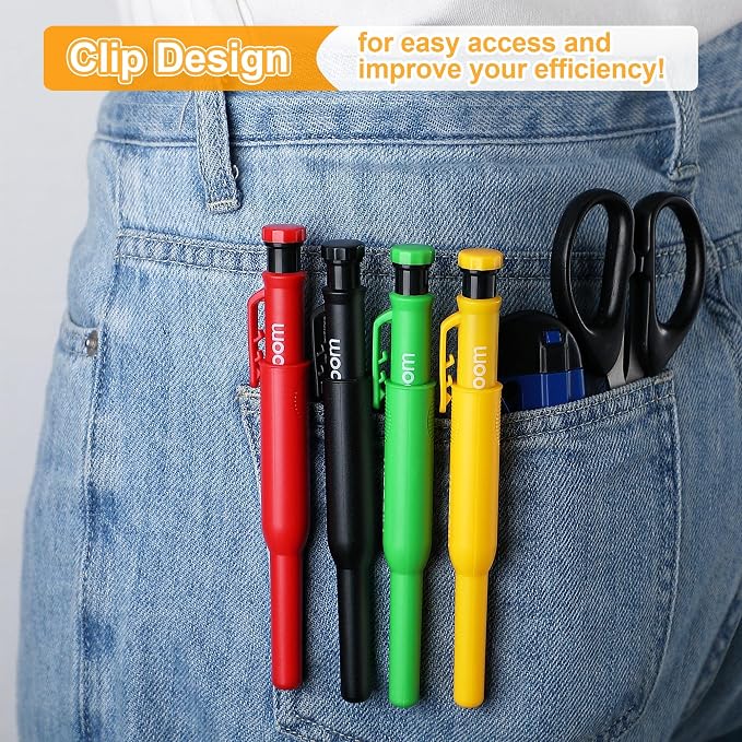 Hiboom 4 Pack Carpenter Pencil with 36 Refills Built In Sharpener (Multi) | Concrete Wood Metal, Deep Marking, Multi-Color Refills, 2.8mm Lead, Construction Work, Waterproof, Carpenter Builder DIY