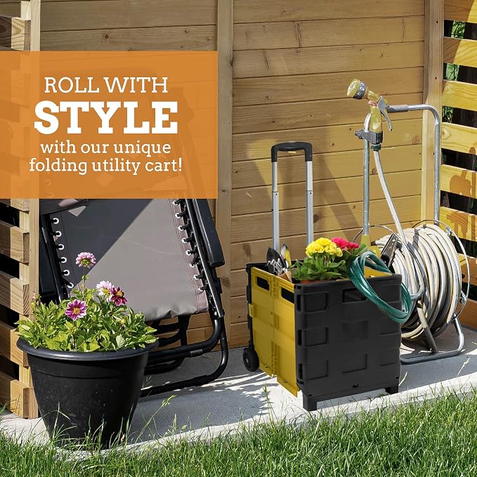 Ultra-Slim Rolling Collapsible Storage Pack-N-Roll Utility-carts, with Telescopic Handle, for Home, Garden, Shopping, Office, School use, Medium, Yellow & Black