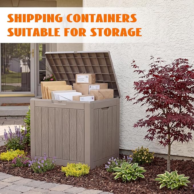 35 Gallon Package Delivery Boxes for Outside, Resin outdoor storage bin with a wood-grain pattern, Storage Cabinet for Parcel Shipping & Storage