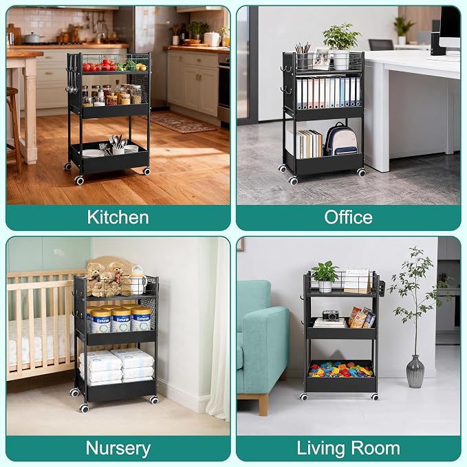 3 Tier Rolling Storage Cart Metal Utility Cart with Wheels | Office Organizer with Hooks & Hanging Cups, Mobile Shelving Unit for Kitchen Nursery Craft Snack Book