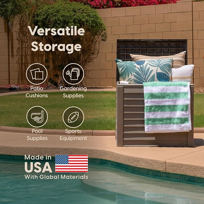 IRIS USA 35 Gallon Outdoor Deck Box, Lockable, Weather-Resistant, Brown | UV-Protected, Waterproof Resin, Patio Storage for Cushions, Garden Tools & Packages