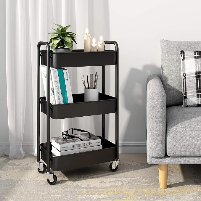 3-Tier Rolling Metal Storage Organizer - Mobile Utility Cart, Kitchen Cart with Caster Wheels (Black)