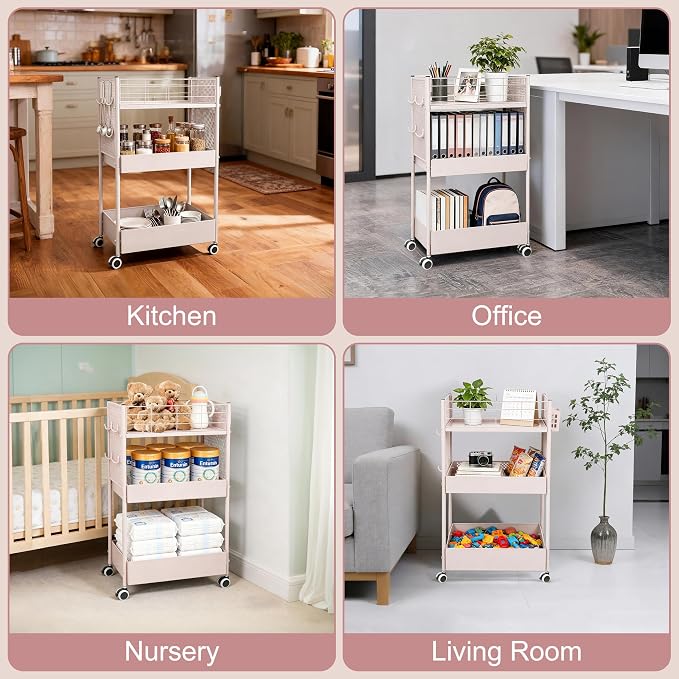 3 Tier Rolling Storage Cart Metal Utility Cart with Wheels | Office Organizer with Hooks & Hanging Cups, Mobile Shelving Unit for Kitchen Nursery Craft Snack Book
