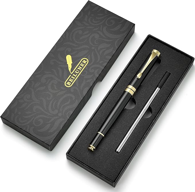 BEILUNER Ballpoint Pens, Stunning Black Chrome Metal Pen with Golden Trim, Best Ball Pen Gift Set for Men & Women, Professional, Executive, Office, Nice Pens-Gift Box with 0.5mm Black Extra Refill