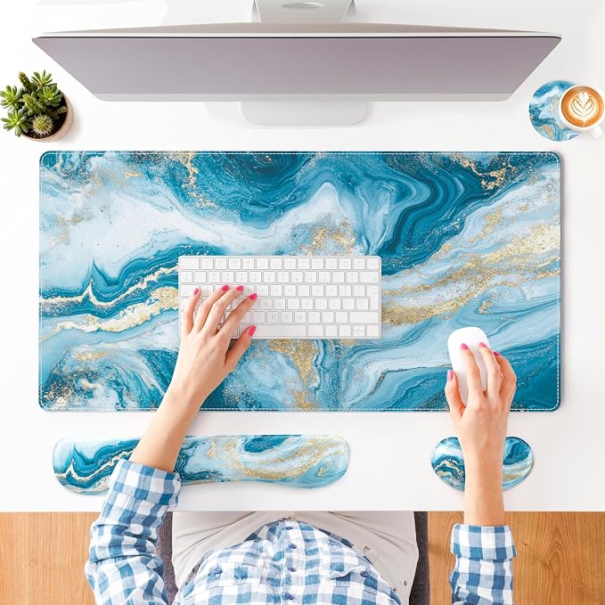 QIYI PU Leather Desk Mat Set, 4-in-1 Ergonomic Wrist Rest, Blue Fluid Art | Waterproof Large Mouse Pad 31.5×15.7 + Keyboard Wrist Rest + Mouse Wrist Support+Coaster, Non-Slip Office Gaming Accessories