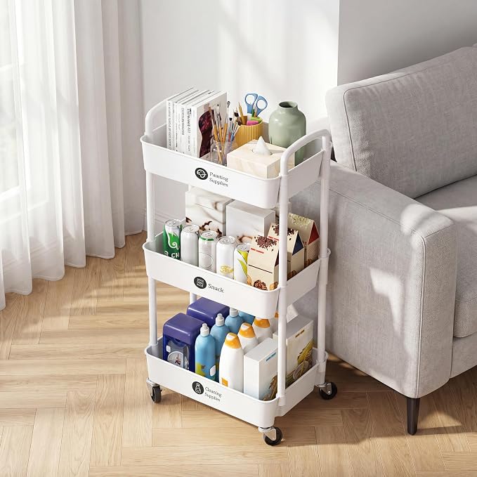 Laiensia 3-Tier Rolling Cart with Wheels,Multifunction Utility Storage Carts, Kitchen Storage Organizer,Mobile Shelving Unit for Bathroom,Laundry,with Classified Stickers,White