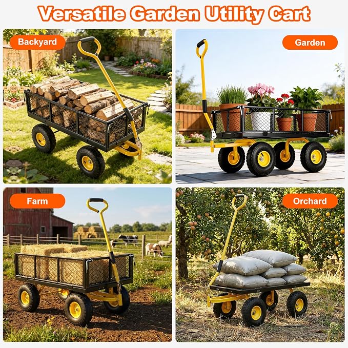 500lbs Heavy Duty Garden Cart, Steel Garden Wagon Cart with Fixedable Rotating Handle for Backyard, Utility Yard Wagon with 10" All Terrain Tires, Mesh Removable Sides