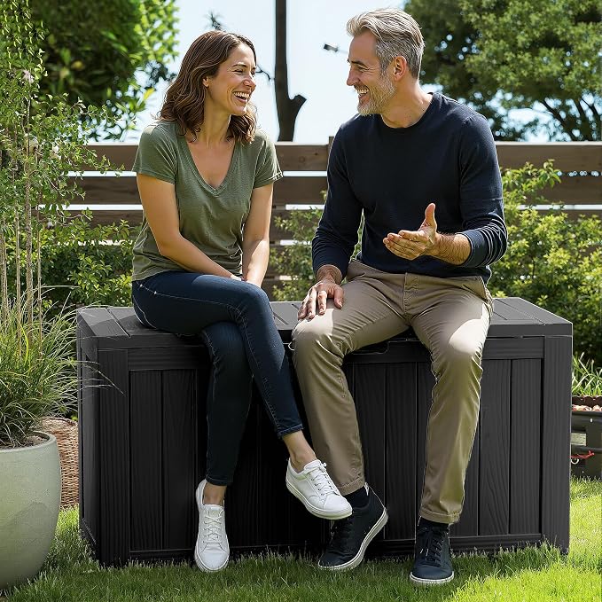 ROJIK Outdoor Storage Box with Wheels,75 Gallon Waterproof Resin Deck Box, Lockable Storage for Patio Cushions,Garden Tools,Pool Accessories,UV-Resistant Storage Bench for Backyard & Deck(Black)