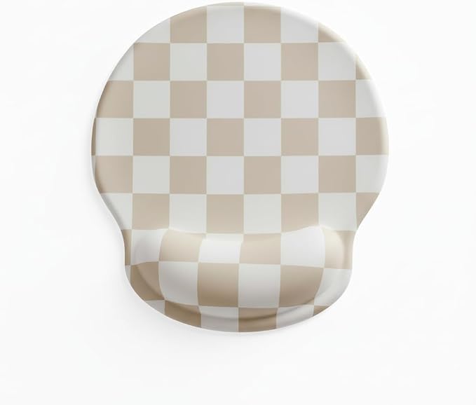 Ohocut Beige White Checkered Mouse Pad with Gel Wrist Rest, Wrist Support, Ergonomic Desk Accessories for Women, Office Laptop Gaming Decor, Cute Aesthetic Check Design