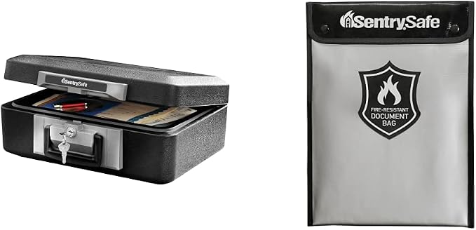 SentrySafe 1160 Fireproof Lock Box, 0.25 Cubic Feet, Black, 16 Pounds & Fire and Water Resistant Bag with Zipper for Documents, 5" x 11" x 15", FBWLZ0