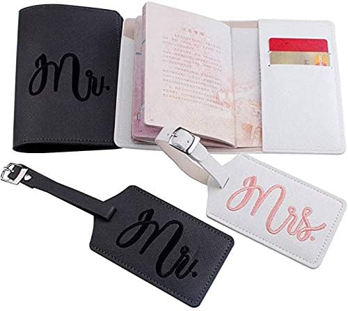 Mr and mrs passport covers and luggage tags gift set，Honeymoon embroidery Travel Luggage Tags Passport Cover for Wedding Bridal Shower Gift