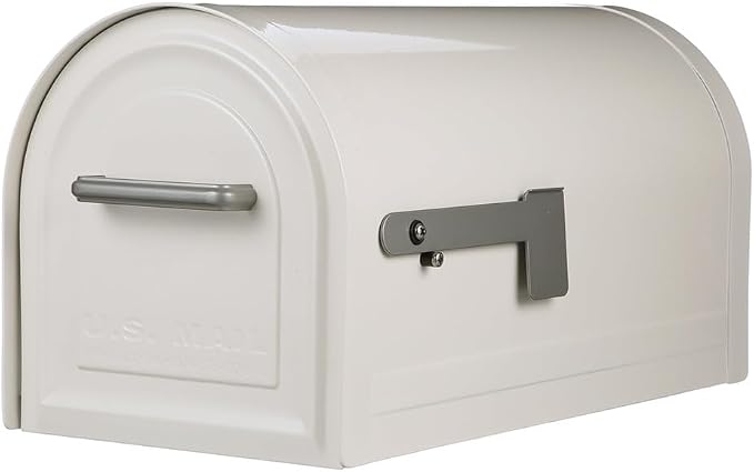 Architectural Mailboxes Reliant Locking Post Mount Mailbox, White, Large | Galvanized steel build with concealed secure lock and key and a magnetic door closure. USPS approved. Includes 2 keys.