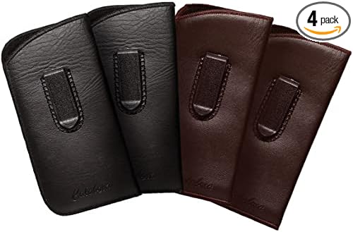 Calabria Slim Faux Leather Eyeglass Case Soft Slip-In Design [2 Black & Brown - 4 Pack] | Compact Protective Pouch | Soft Case for Glasses | Lightweight Sunglass Storage
