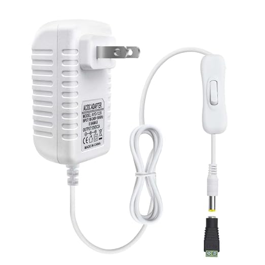 12V Power Supply, 12 Volt 2A 24W DC Power Supply with On Off Switch, White Switching LED Power Adapter, AC 110V to 12V Wall Wart Transformer Plug for LED Strip Lights with 5.5/2.1 DC Female Connector
