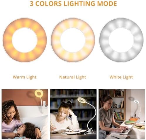 Woputne Desk Lamp Clip on Desk Reading Lights for Books in Bed (White) | With 5V 2A Adapter, 10 Dimmable Brightness 3 Modes, Clip on Light for Reading Home Office,Bed Headboard, Craft