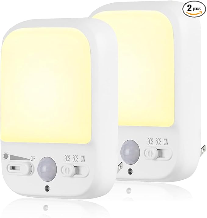 LED Night Light Plug into Walls, Plug-in, Dusk to Dawn Motion Sensor with 4 Lighting Modes, Brightness Adjustable Warm White, Energy Efficient, Ideal Nightlight for Elderly, Baby, Kids (2 Pack)