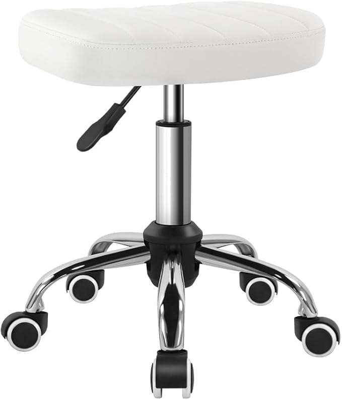 BFTOU White Minimalist Square Swivel Stool with Wheel for Work SPA Shop Massage Height-Adjustable and Cost-Effective Rolling Stool Chair
