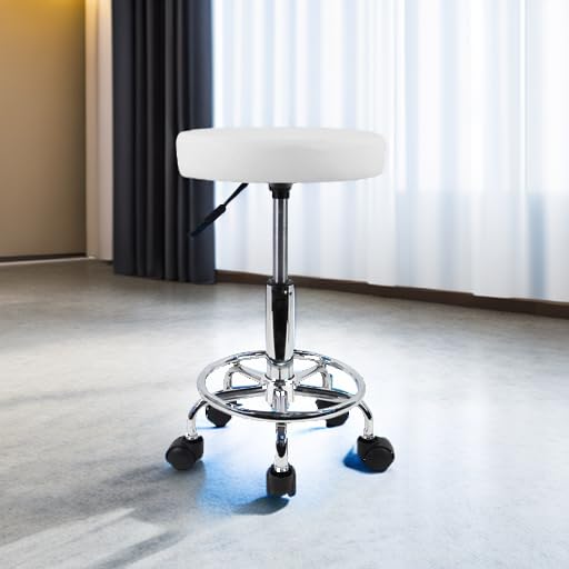 KKTONER PU Leather Round Rolling Stool with Foot Rest Swivel Height Adjustable Stool Spa Drafting Salon Tattoo Work Office Massage Task Chair White Small (White)